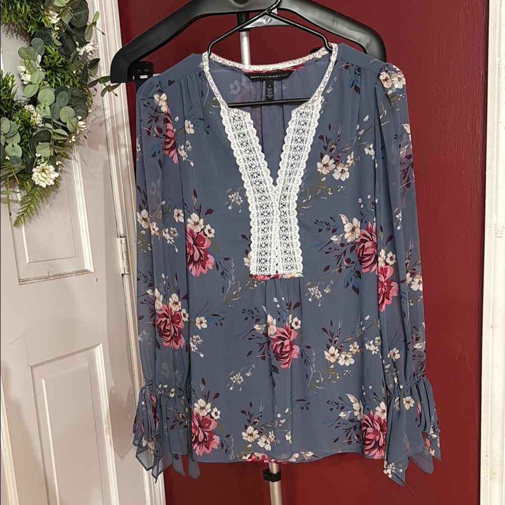 White House Black Market Floral Lace Trim Blouse